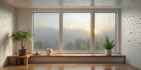 Aufkleber - Serene Windowsill View Indoor Plants and Dew-Kissed Glass Revealing a Misty Sunrise