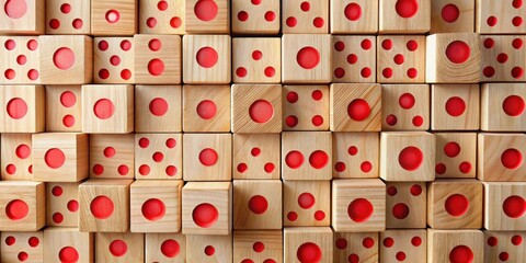 Leinwandbilder - A captivating arrangement of wooden blocks, each featuring vibrant red circular inlays, forming a visually striking and intricate pattern.