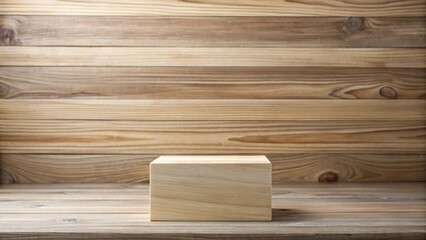 Poster - Simple Wooden Cube on Rustic Plank Background Ideal for Product Display or Mockups