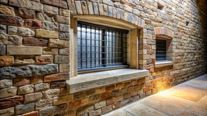 Aufkleber - A stone wall corridor with arched windows featuring protective metal grilles, illuminated by soft light from below