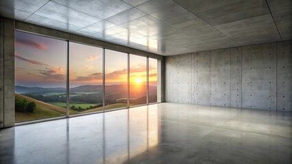 Aufkleber - Serene Sunset Views from a Minimalist Concrete Room with Expansive Windows