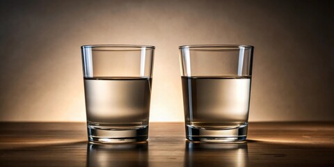 Fototapete - Two glasses of clear liquid, partially filled, sit side-by-side on a wooden surface, bathed in soft light
