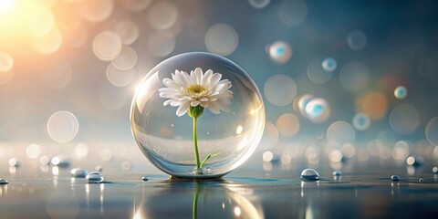 Poster - A single white flower, delicately encased within a transparent sphere, rests serenely on a reflective surface, surrounded by shimmering water droplets and a soft, bokeh-filled background.