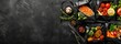 © Deris Firmansyah - Healthy meal diet plan daily ready menu black background, fresh dishes in paper boxes, smoothie, fork knife on paper eco bag as food delivery service at home in office, flat lay, website photo banner.