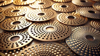 Leinwandbilder - An array of ornate metallic discs with intricate circular patterns, showcasing a sophisticated design aesthetic.