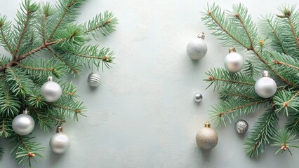 Poster - Silver and Gold Festive Ornament Arrangement with Evergreen Branches on Textured Background