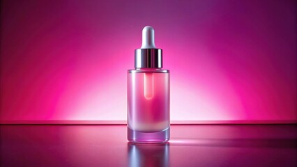 Fototapete - A Cylindrical Glass Bottle with a Dropper, Illuminated by Vivid Pink Lighting, on a Reflective Surface