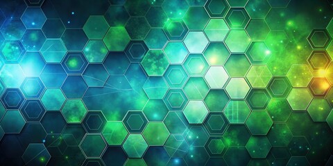 Poster - Abstract Hexagon Network Digital Background with Glowing Green and Blue Hues