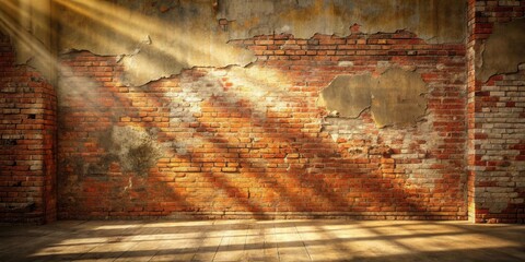 Poster - Rustic Brick Wall Interior with Warm Sunlight Streaming Through Gaps, Creating Dramatic Shadows on Weathered Wooden Floor