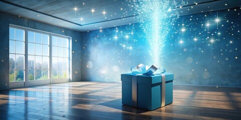 Aufkleber - A large teal gift box sits in an empty room, magical light emanating from within, illuminating the hardwood floor and large window