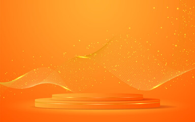 Aufkleber - Orange podium with elegant gold wave lines on the back for product presentation. Display of cosmetic products. Stage or podium. vector illustration	