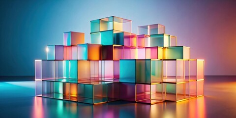 Fototapete - A vibrant arrangement of translucent cubes, showcasing a spectrum of iridescent hues and gleaming metallic frames, artfully stacked to form an intriguing structure, reflecting a colorful light