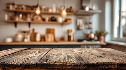 Poster - A rustic wooden table top with a blurred image of a kitchen in the background