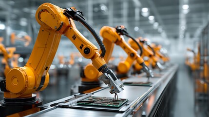 Leinwandbilder - A series of robotic arms work in unison to assemble circuit boards on a production line, the bright, clean environment highlights advanced technology in electronics manufacturing