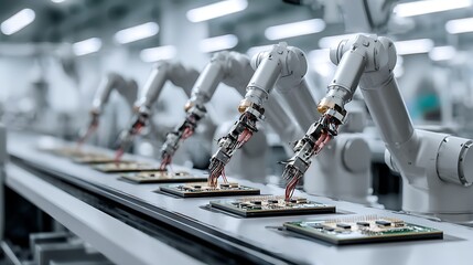 Poster - A series of robotic arms work in unison to assemble circuit boards on a production line, the bright, clean environment highlights advanced technology in electronics manufacturing