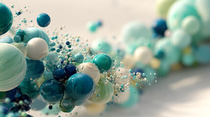 Fototapete - Abstract image of teal, blue and white glossy spheres, various sizes, creating dynamic, flowing composition, suggesting movement and fluidity