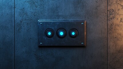 Glowing Blue Buttons on Dark Metal Panel, Futuristic Sci-Fi Interface