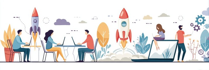 Aufkleber - People Working Together to Launch a Rocket From a Laptop in a Vibrant Startup Environment Filled With Creative Energy and Innovation