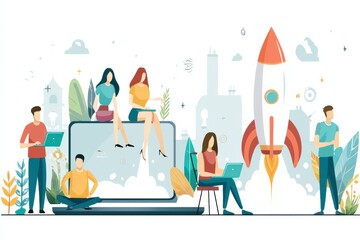 Aufkleber - Creative Startup Environment Featuring Diverse People Launching a Rocket From a Laptop