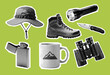 © Satoru Sketches - set of outdoor elements, flashlight, hiking boot, lighter, hat, mug, binoculars, retro halftone effect, vintage photocopy collection