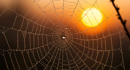 Sunrise macro shot of dewdrops on spiderwebs.