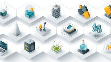 Leinwandbilder - Modern Digital Symbols and Isometric Icons Arranged on a Clean Grid Background Showcasing Technology and Creativity in Various Fields