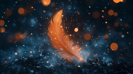 Wall Mural - a feather that shines like an ember drifts softly on a dark, enigmatic background, accompanied by th