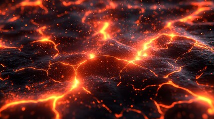 Wall Mural - Subtle Embers is an illustration of bright red flames on a dark abstract fire background, characterized by shimmering golden embers and a subtle, gentle glow