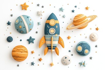 Wall Mural - Colorful watercolor illustrations depict rockets and various planets amidst stars and moons, creating a whimsical space scene ideal for inspiring creativity and learning about the universe