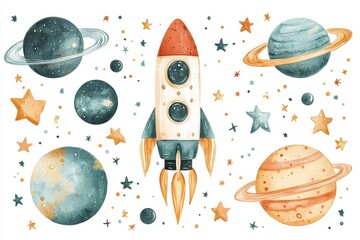 Wall Mural - Colorful watercolor illustrations depict rockets and various planets amidst stars and moons, creating a whimsical space scene ideal for inspiring creativity and learning about the universe
