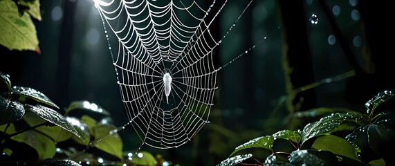 Macro image of intricate spider web droplets sparkling like diamonds against dark leafy forest background