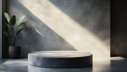 Aufkleber - Stylish minimalistic interior featuring a circular stone platform illuminated by sunlight during the afternoon
