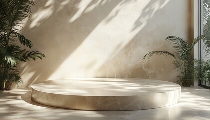 Aufkleber - Stylish minimalistic interior featuring a circular stone platform illuminated by sunlight during the afternoon