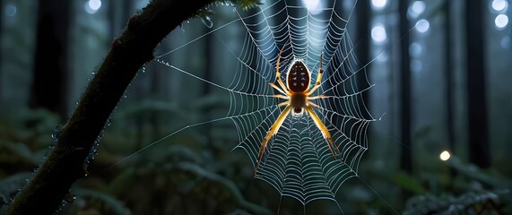 Macro focus on glistening spider with intricate patterns clinging to dew adorned web strands in forest