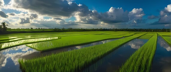 Wall Mural - Lush rice paddies awash with vivid green plants reflecting clear blue sky beneath soft scattered clouds