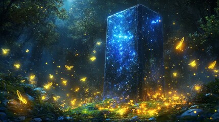 Wall Mural - the enchanted monolith illustration features a mysterious glowing monolith situated in an enchanted 