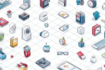 Aufkleber - Isometric Icons and Digital Symbols Arranged on a Clean Grid Backdrop Showcasing Various Technology-Related Elements