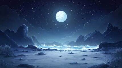 Wall Mural - The illustration Starlit Sea showcases a peaceful beach at night, with a full moon in the starlit sky, gentle waves, and grass along the coast