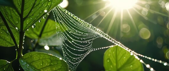 Wall Mural - Close up of perfect dew drops clinging to the intricate web strands stretched between lush green foliage in morning light
