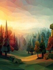 Aufkleber - Low Poly Digital Landscape Featuring Vibrant Trees and Soft Lighting Under a Gradient Sky at Sunset