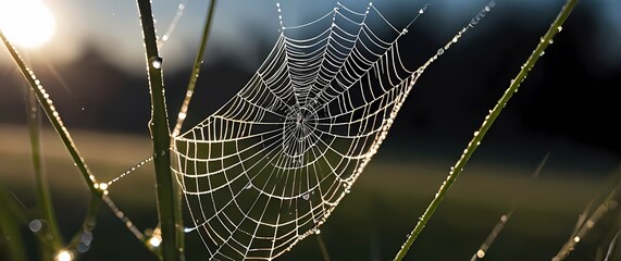 Wall Mural - Close up macro of dew spangled spider web glistening like a network of tiny diamonds in morning light