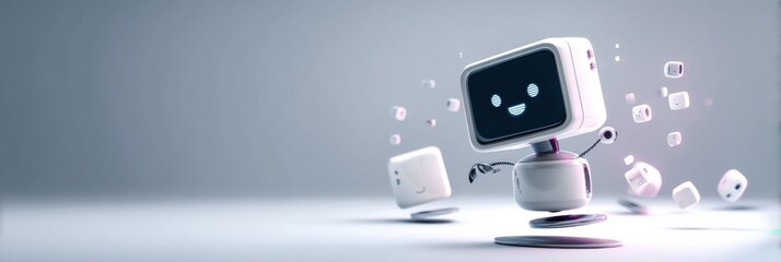 Fototapete - Floating Robotic Assistant With a Smiling Face and Hovering Screen Enhances User Experience in a Modern Indoor Space