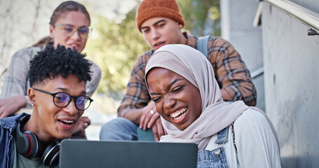 Aufkleber - Group, education and laughing on campus, laptop and collaboration for research and communication with friends. Funny, online and outdoor at college, students and people with smile, learning and joke