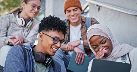 Poster - Group, laughing and campus with laptop and collaboration for education and communication with friends. Happy, online and outdoor at college, students and people with smile, learning or backpack