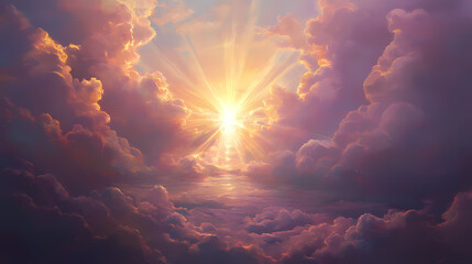Wall Mural - A glorious radiant beam of light shines down through clouds. Heavenbud Glow. Illustration