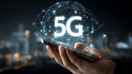 Leinwandbilder - 5G technology networks enable internet connectivity for wireless devices globally, this advanced technology is vital for businesses in the digital landscape, showcasing smartphones in hand and ic