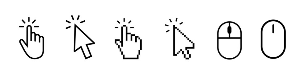 computer mouse click cursor and hand pointer icon set with arrows and loading icons, isolated on tra