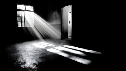 Poster - A black and white photo of a room with a light shining on the floor