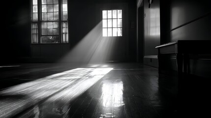 Poster - A black and white photo of a room with a light shining on the floor