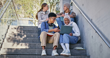 Poster - Group, education and learning on campus, laptop and collaboration for research and communication with friends. Happy, online and outdoor at college, students and people with smile, stairs or backpack
